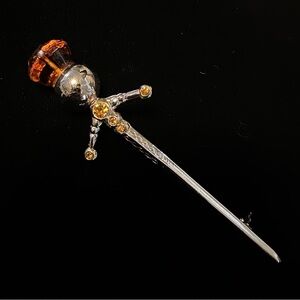 Silver Kilt Pin Ward Bros Scottish Sword and Thistle Orange Glass Stone Scotland